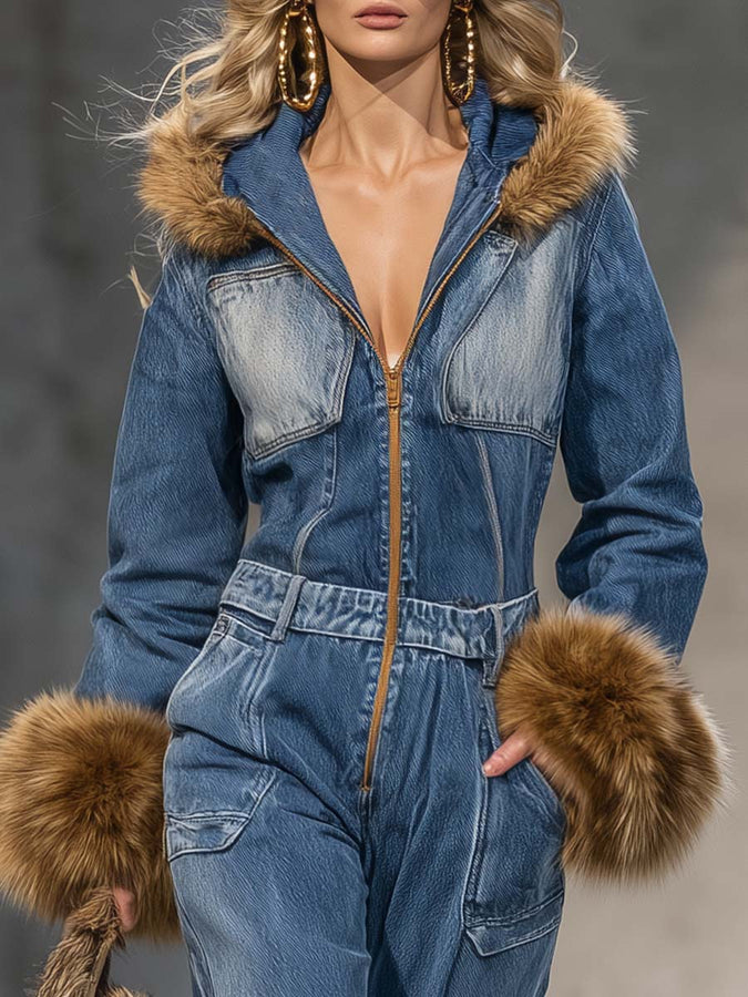 Salopette en Jean Bleu avec Capuche Vintage Wild West et Manches en Éco-Fourrure à Zip