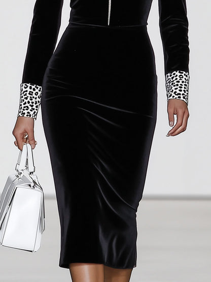 Robe Midi Vintage en Velours Noir avec Col V et Manches Longues