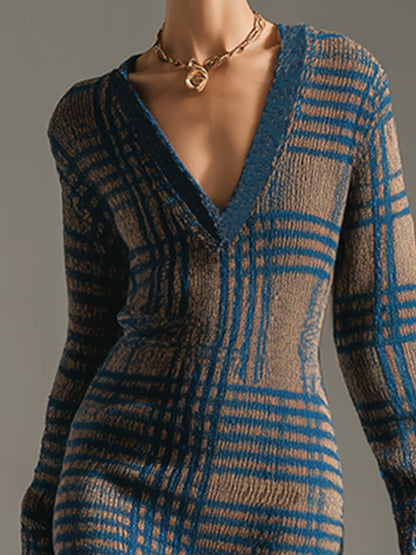 Élégante Robe Midi Tricotée V-Neck à Carreaux Bleu Kaki au Style Rétro