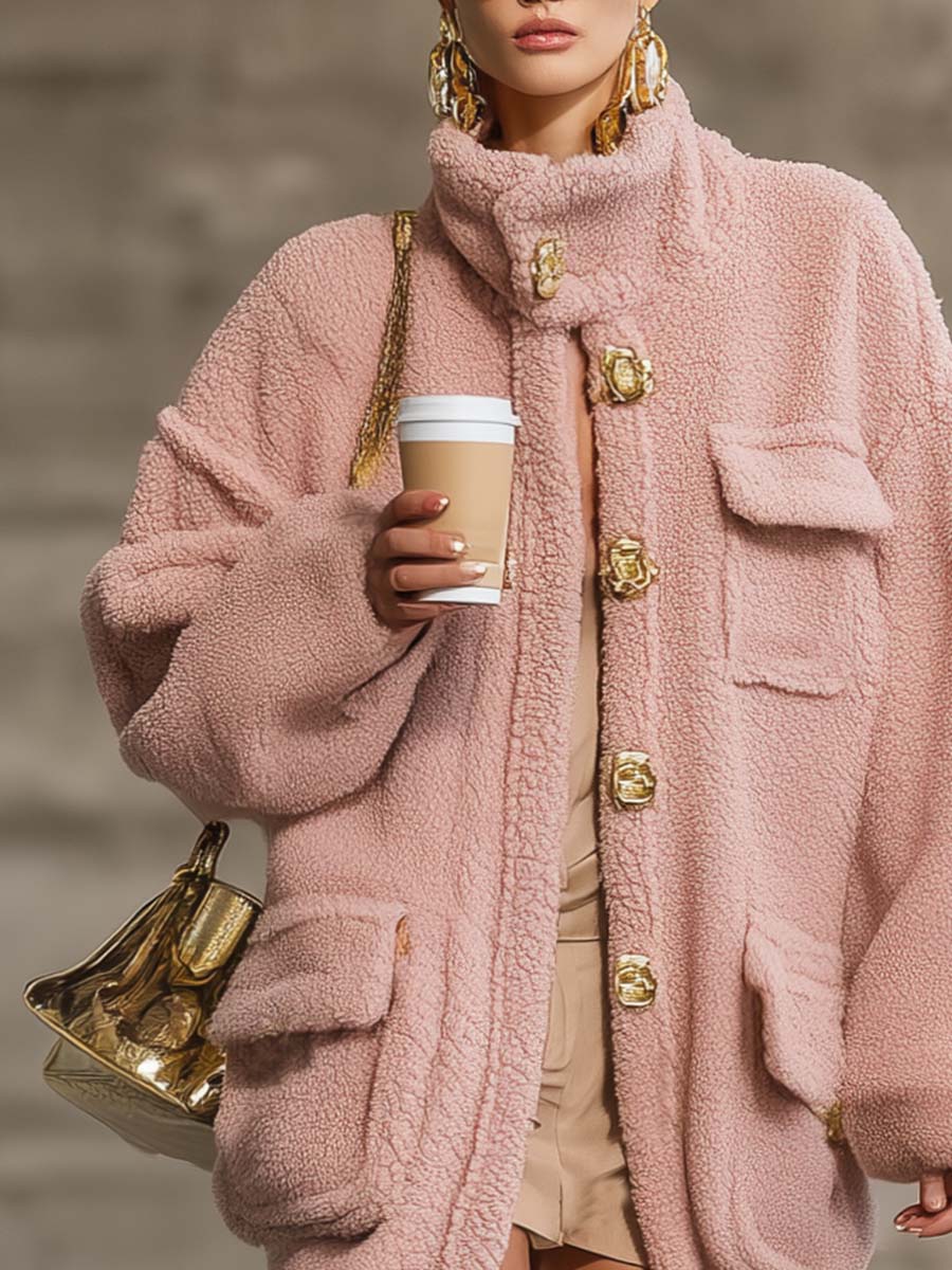 Exquis Manteau en Polaire Rose à Col Haut et Boutons Vintage