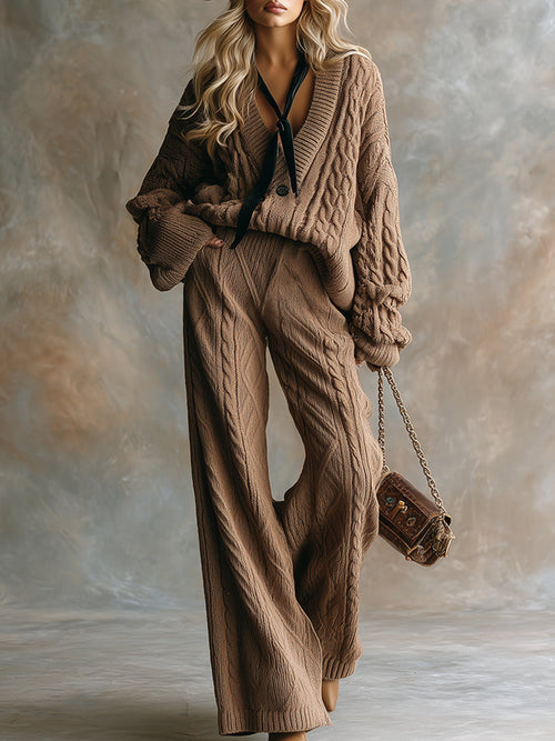Ensemble Décontracté en Tricot Torsadé Marron avec Pantalon à Jambes Larges