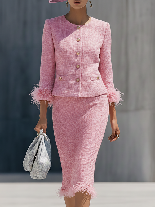 Chic Ensemble en Tweed : Veste à Col Rond et Jupe à Boutonnage Unique