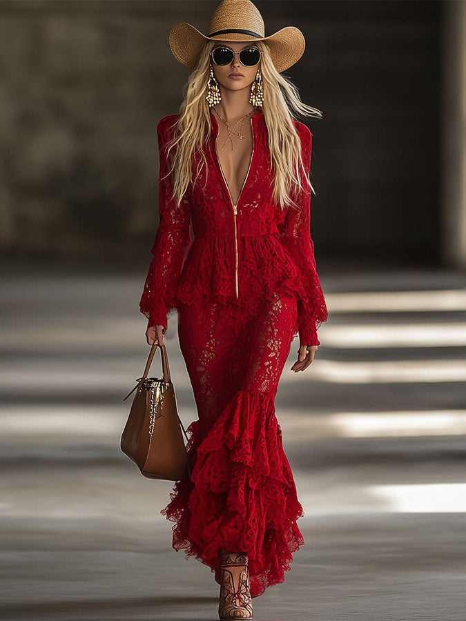 Robe Maxi Rouge en Dentelle avec Manches Longues, Zip, Col V et Détails Volants
