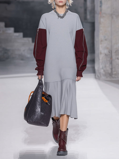 Robe Midi Sportive à Ourlet Plissé et Teintes Contrastées