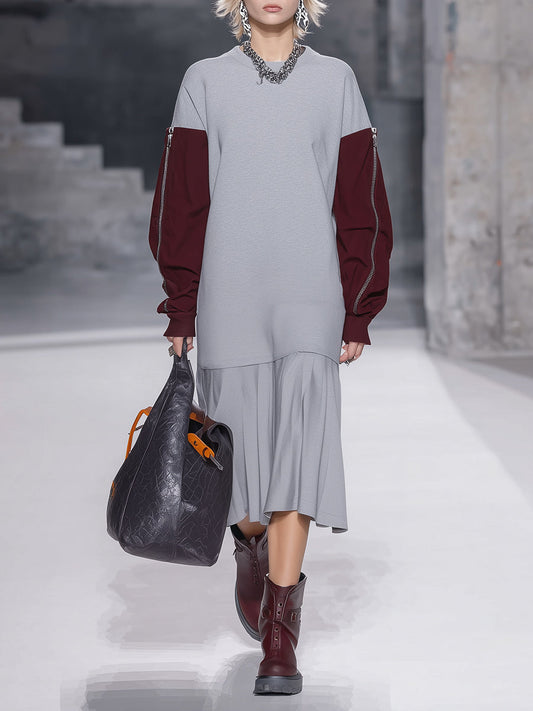 Robe Midi Sportive à Ourlet Plissé et Teintes Contrastées
