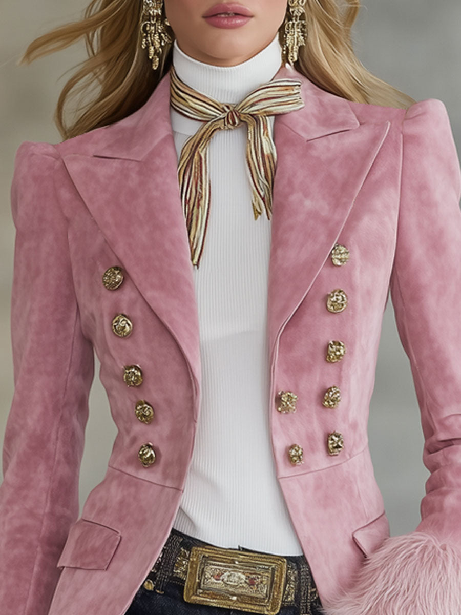 Veste en Faux Suède et Fourrure à Boutons Multiples avec Revers Élégant