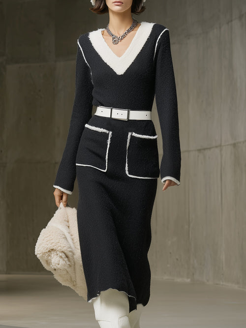 Chic Noir et Blanc : Robe Midi en Tricot en V