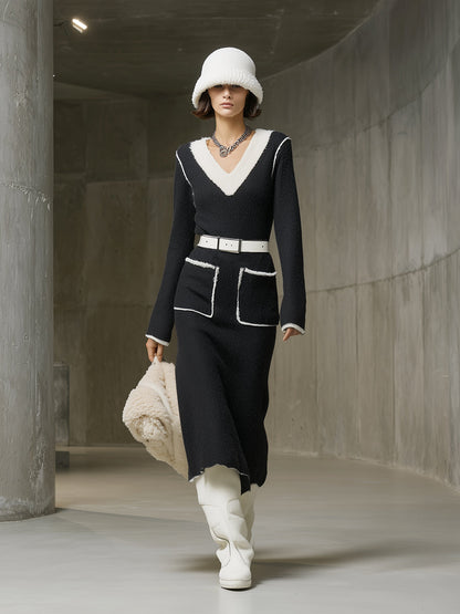 Robe Midi V-Neck Blanche en Tricot avec Détails Patchwork Noir