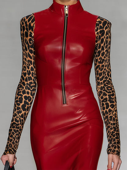 Robe Midi Zippée à Imprimé Léopard avec Détails en PU Rouge