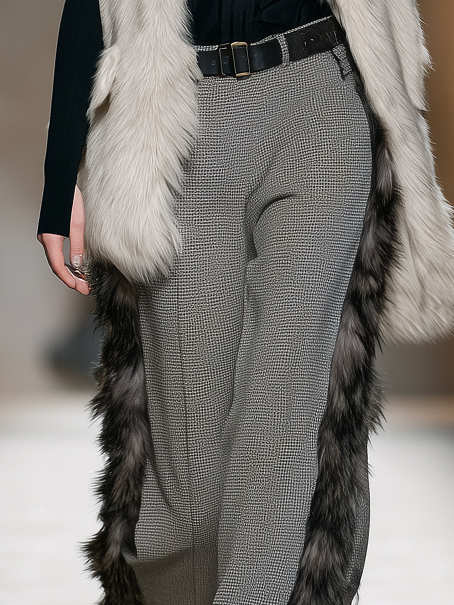 Stylish Grey Plaid Trousers with Luxe Faux Fur Trim