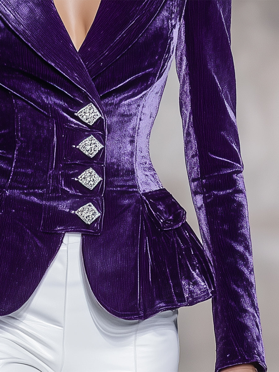 Élégant Blazer en Velours Violet Orné de Boutons en Diamant
