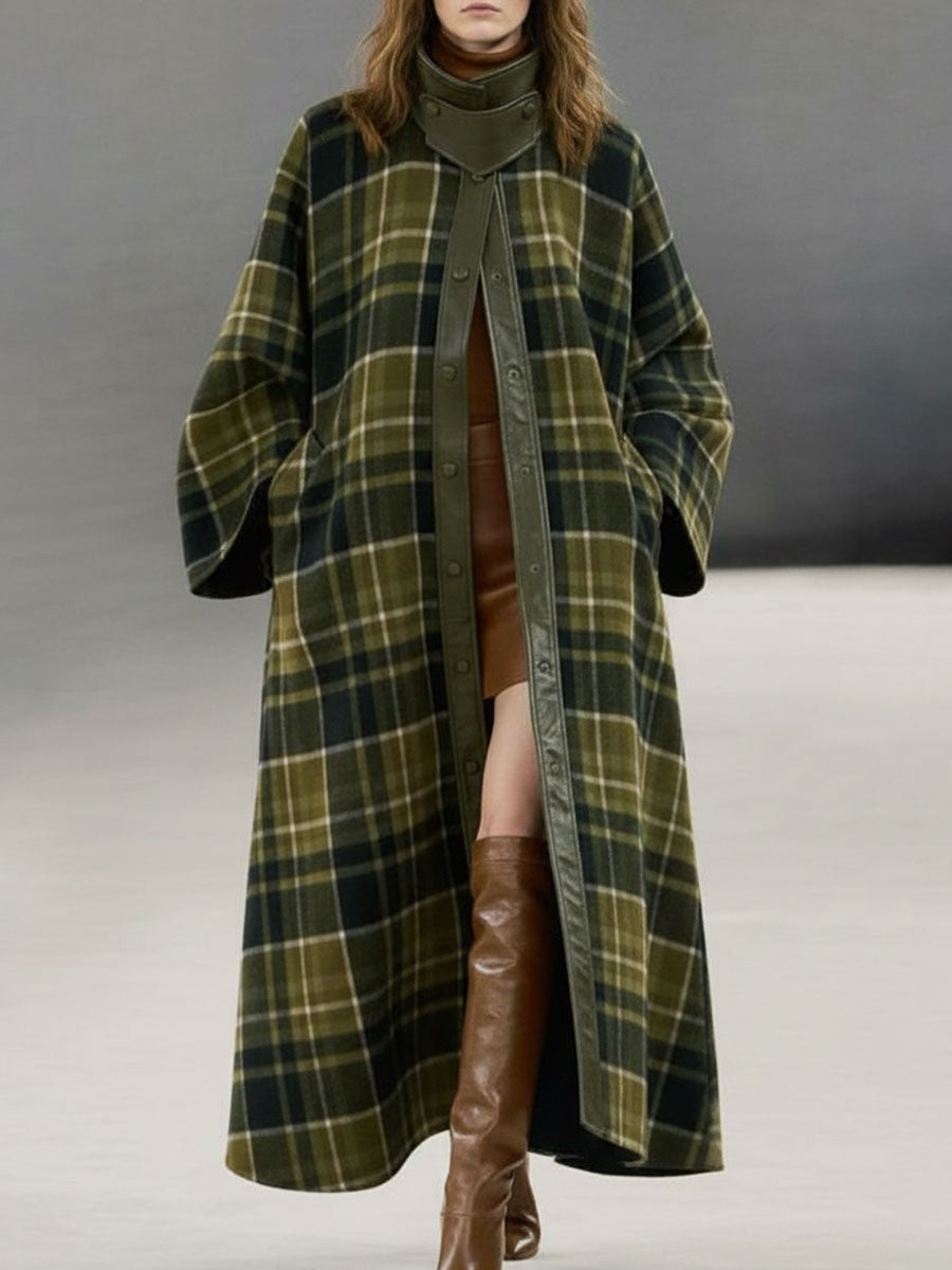Longue Manteau en Laine à Carreaux Verts avec Bordure Rétro en PU