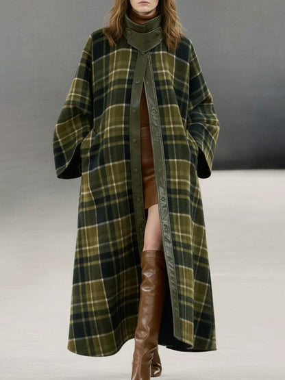 Longue Manteau en Laine à Carreaux Verts avec Bordure Rétro en PU