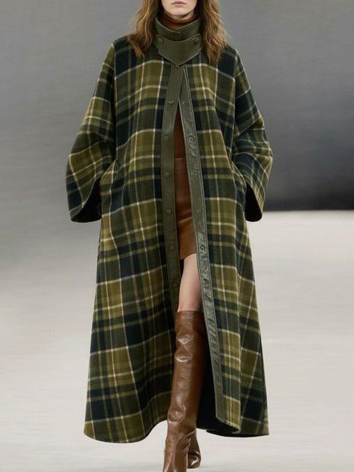 Longue Manteau en Laine à Carreaux Verts avec Bordure Rétro en PU