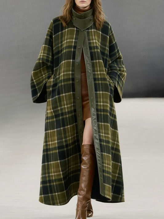 Longue Manteau en Laine à Carreaux Verts avec Bordure Rétro en PU