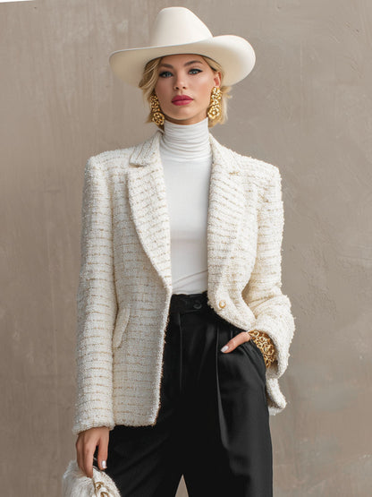 Tweed Blazer avec Revers, Bouton Unique et Double Poche
