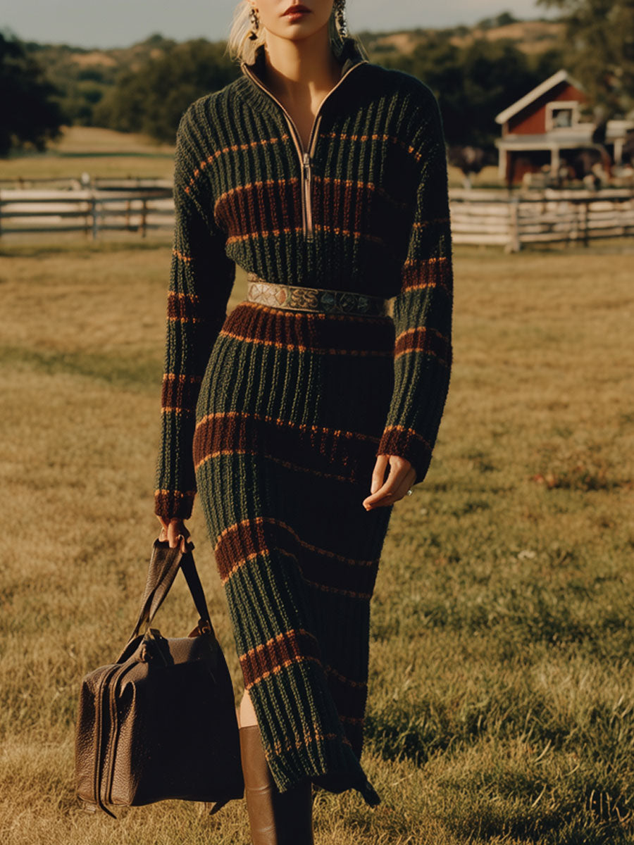 Robe Midi Rétro en Tricot Rayée Vert Foncé avec Fente et Demi-Zip