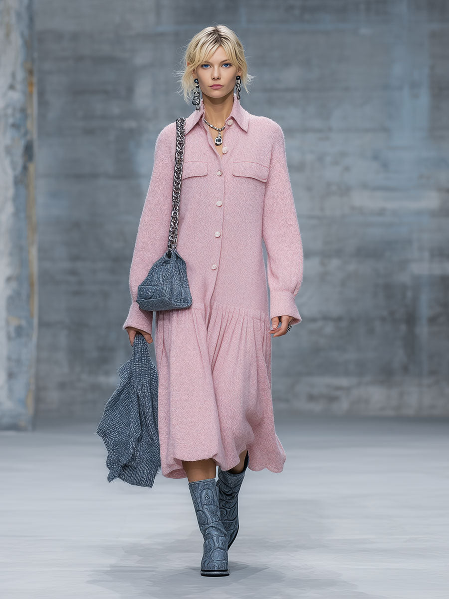 Robe Midi Plissée Rétro en Tricot Rose à Manches Longues