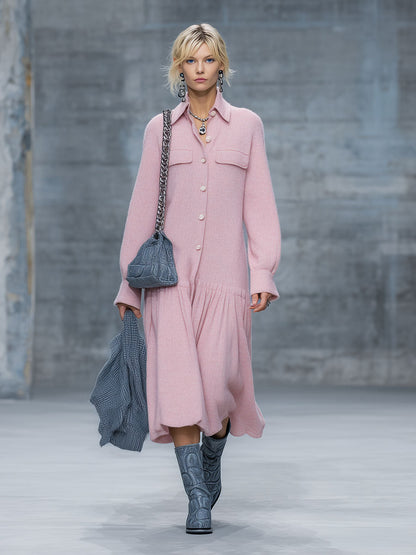 Robe Midi Plissée Rétro Rose en Tricot - Ample et Élégante à Manches Longues