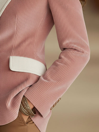 Blazer Casual en Velours Côtelé à Bouton Unique avec Détails Contrastés