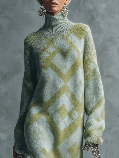 Robe Maxi Verte en Tricot à Manches Longues avec Élégant Ourlet en Fourrure Synthétique