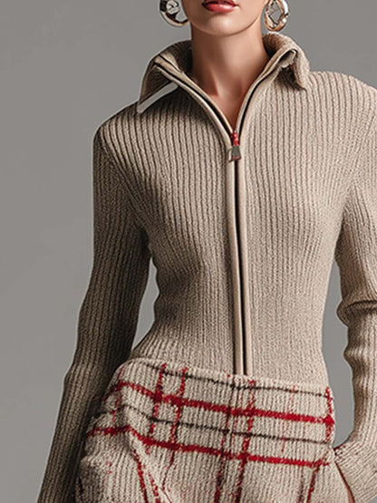 Robe Midi Vintage Abricot à Carreaux Élégante avec Zip