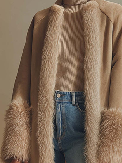 Longue Manteau en Fausse Suède avec Élégante Bordure en Fausse Fourrure - Luxe Abricot Doublé en Polaire