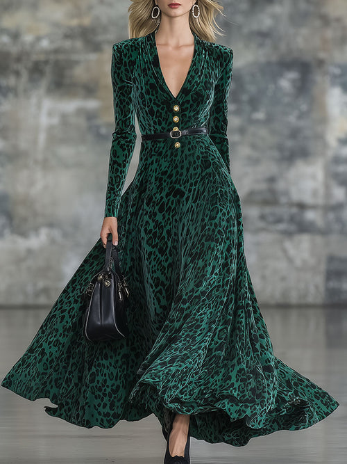 Robe Maxi Élégante en Velours Léopard Vert au Style Rétro