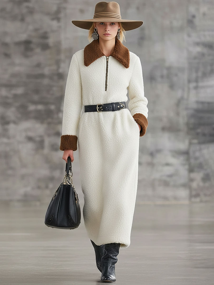 Robe Midi en Polaire Blanche à Lacets - Style Western Rétro avec Demi-Zip