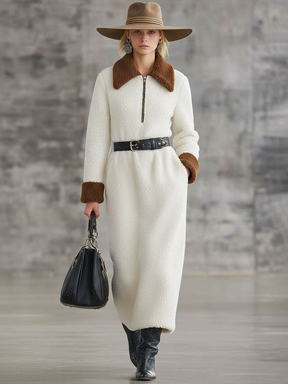 Robe Midi en Polaire Blanche à Lacets - Style Western Rétro avec Demi-Zip