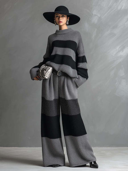 Ensemble Élégant en Tricot Rayé Gris avec Pantalons à Jambes Larges - Chic et Confortable