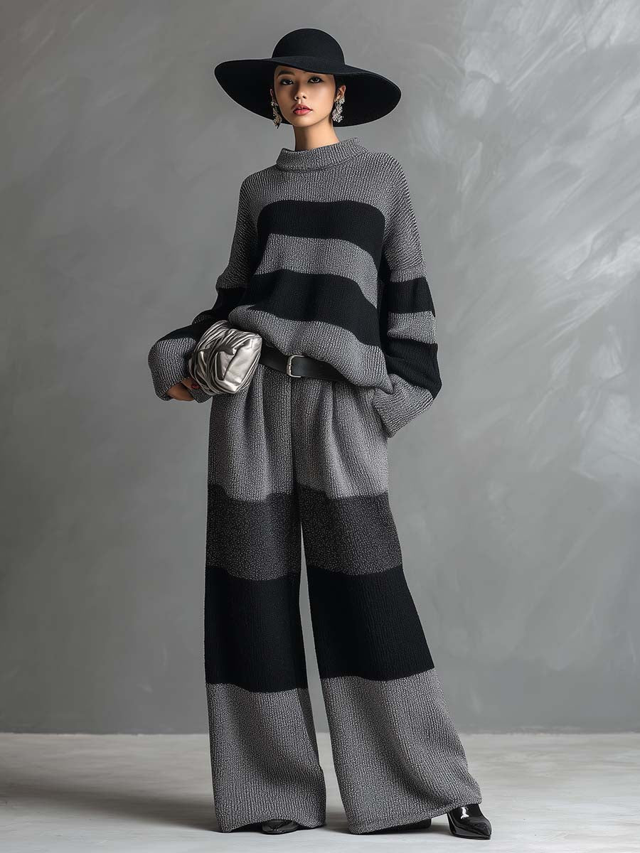 Ensemble Élégant en Tricot à Rayures Grises avec Pantalon Large - Confort et Style Assurés