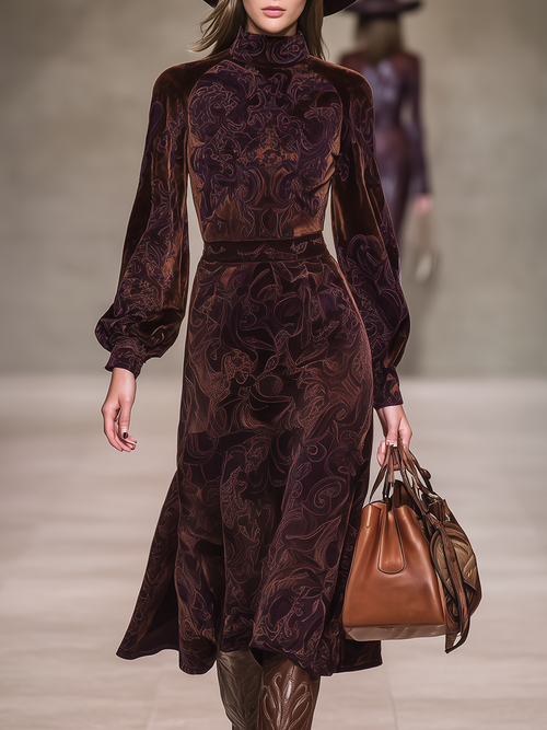 Robe Vintage en Velours à Col Montant et Manches Longues