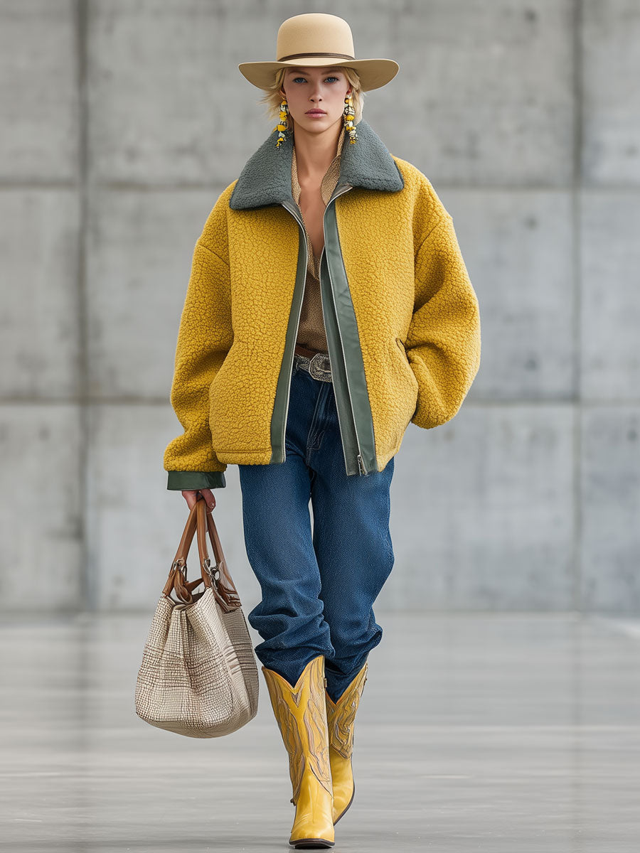 Veste Polaire Jaune au Style Nomade Urbain avec Détails en PU - Chic Rétro