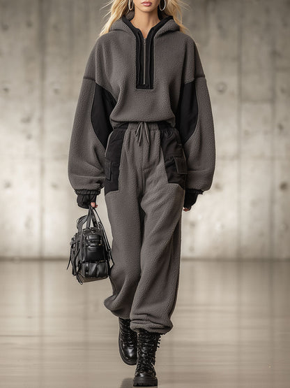 Ensemble Décontracté en Suédine Grise Vintage : Sweatshirt à Capuche et Pantalon