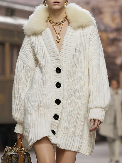Mi-Long Cardigan Tricoté avec Col en Fausse Fourrure Luxueux