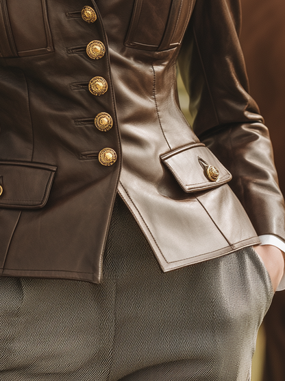 Veste Élégante en Simili Cuir Rétro avec Col et Multiples Poches