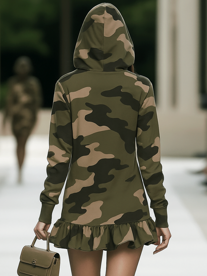 Robe Mini Camouflage à Volants avec Manches Longues et Capuche - Expédition Rapide en 24 Heures !