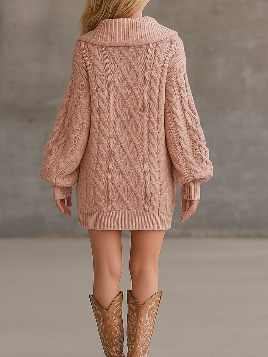 Robe Mini Zippée à Capuche en Tricot Câble Rose Poudré