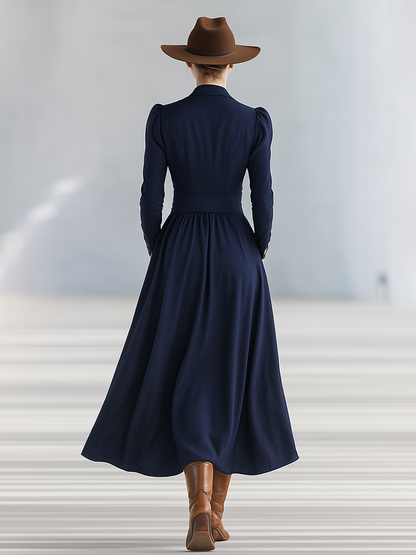 Robe Maxi Élégante à Manches Longues et Décolleté en V, Ornée de Boutons Chic
