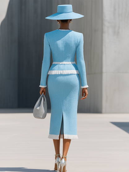 Élégant Ensemble en Tweed : Haut et Jupe avec Franges et Boutons Dorés Vintage