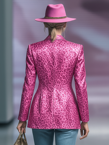 Veste Satinée Vintage à Imprimé Léopard avec Bouton Unique