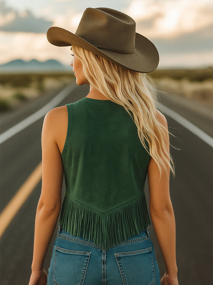 Veste Vintage en Suède Vert Émeraude avec Broderies Élégantes et Franges - Expédition en 24 Heures !