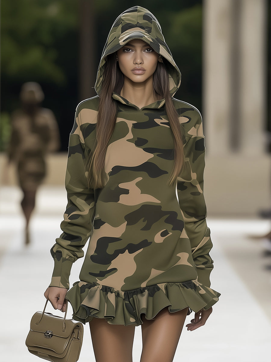Robe Mini Camouflage à Volants avec Manches Longues et Capuche - Expédition Rapide en 24 Heures !
