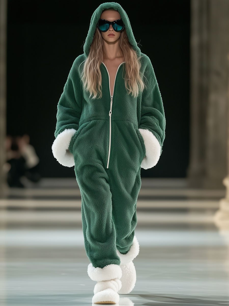 【Expédition en 24 heures】Sweat à capuche zippé en polaire verte et blanche - Style décontracté et ample