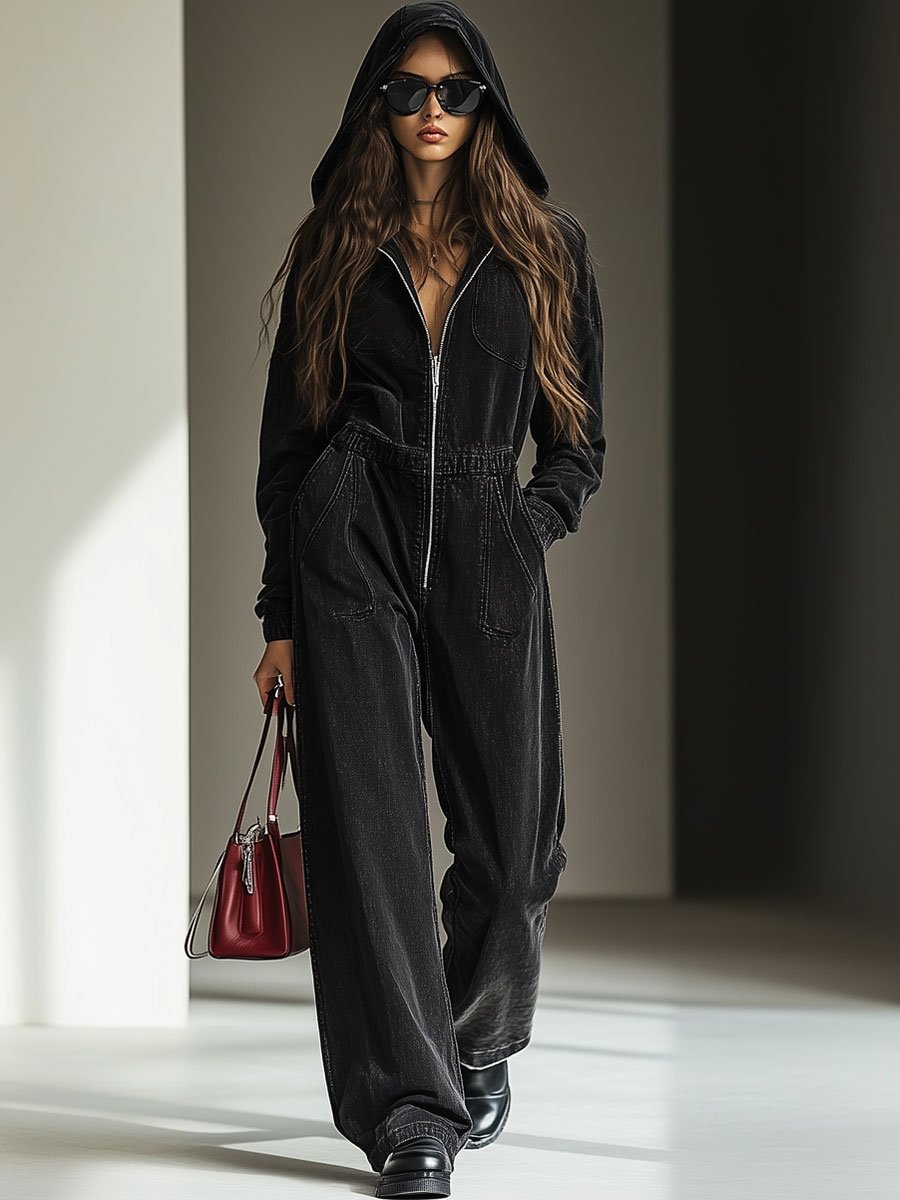 Expédition rapide en 24h : Combinaison en denim vintage décontractée avec taille élastique et capuche