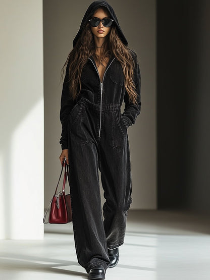 Expédition rapide en 24h : Combinaison en denim vintage décontractée avec taille élastique et capuche