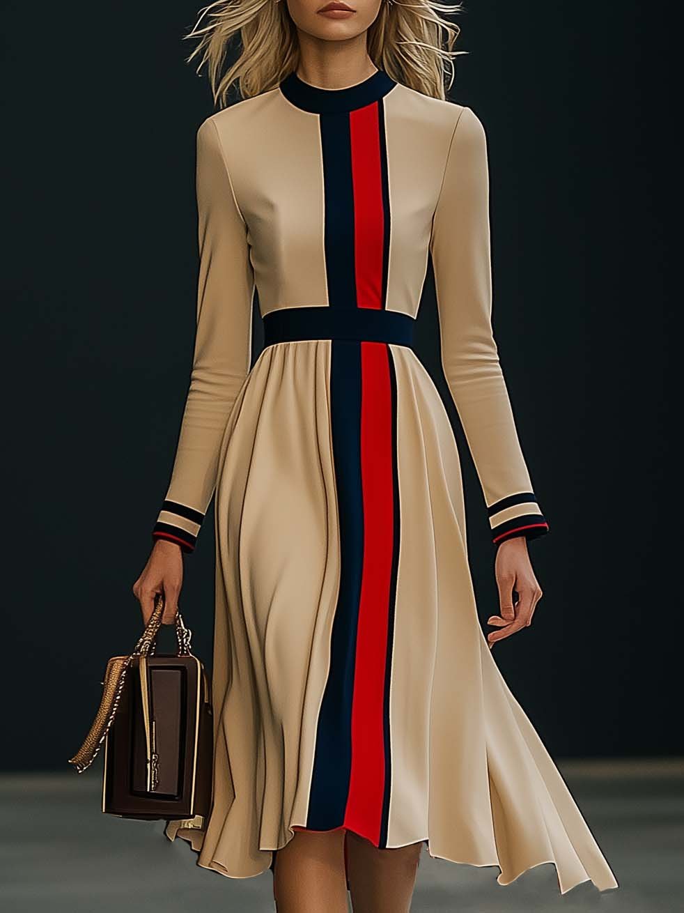 Robe Midi Élégante à Manches Longues en Colorblock - Expédition Rapide en 24 Heures