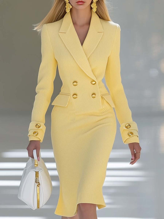 Élégante Robe Midi Tricotée Jaune Clair à Col V