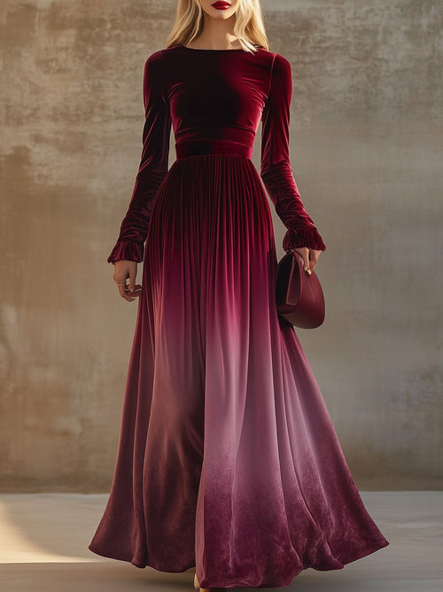 Robe Maxi Velours Dégradé Bordeaux : Élégance Instantanée avec Manches Trompette et Col Droit – Expédition en 24h !